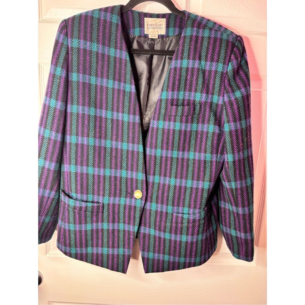 Vintage Karen Scott Blazer Size 14 Purple Turquoise Plaid Collarless Gold Button